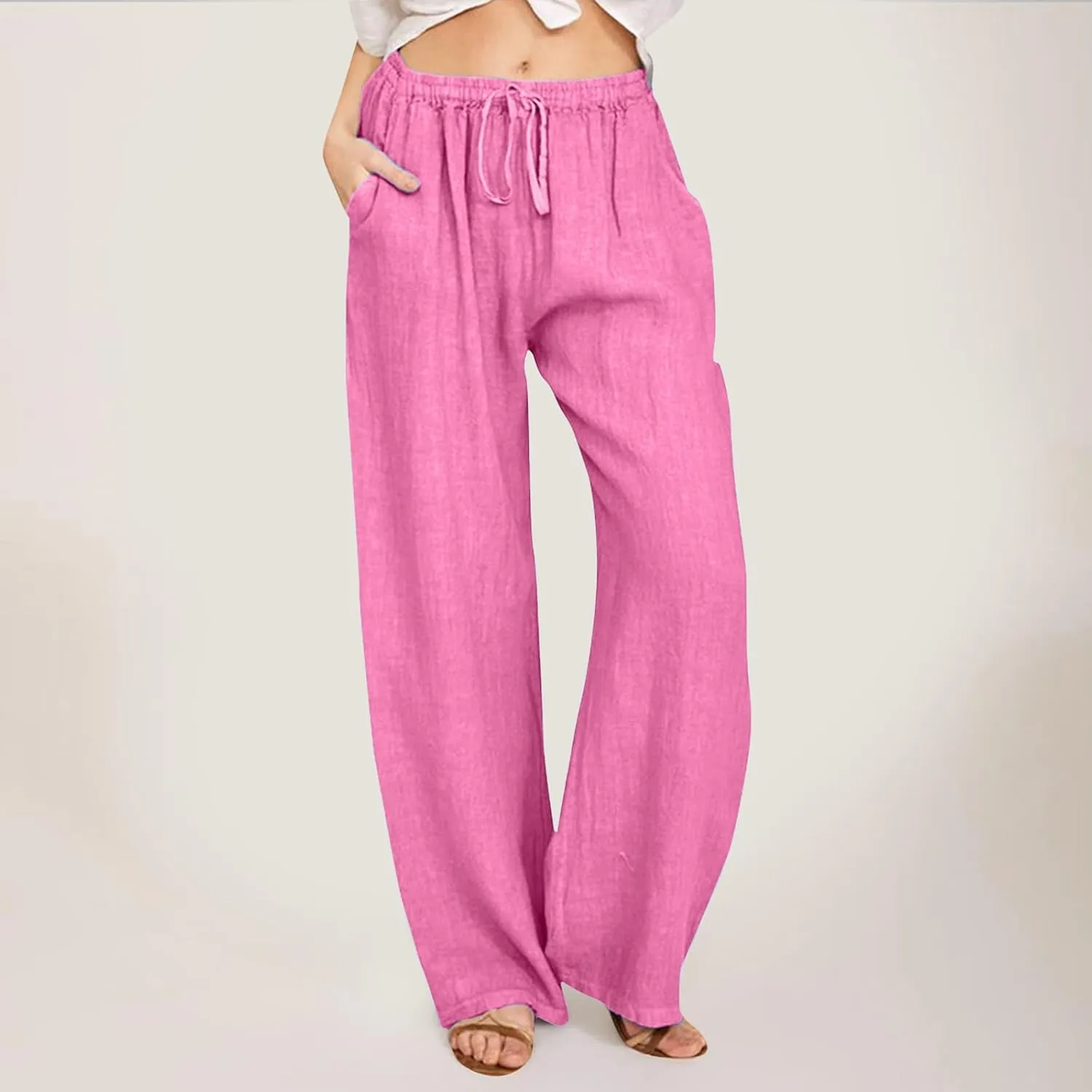 Women's Cotton and Linen Pants Dressy Loose High Waist Ruched Wide Leg Yoga Palazzo Pant Trousers with Pocket