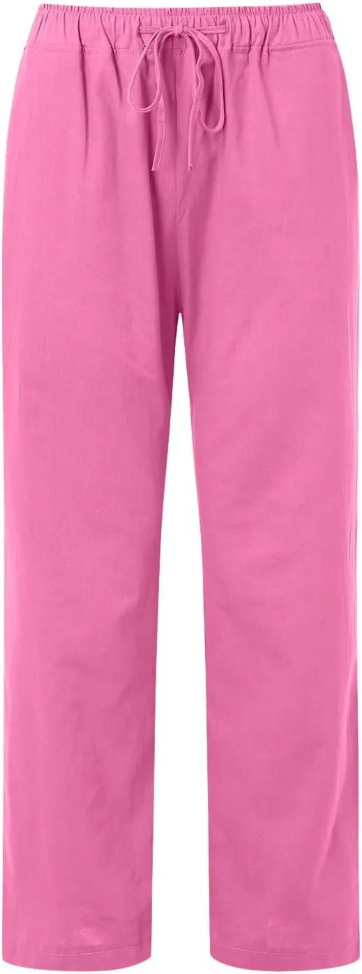 Women's Cotton and Linen Pants Dressy Loose High Waist Ruched Wide Leg Yoga Palazzo Pant Trousers with Pocket
