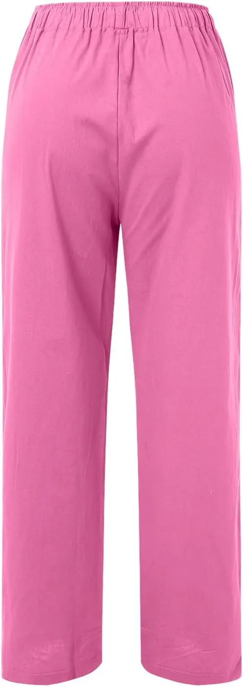 Women's Cotton and Linen Pants Dressy Loose High Waist Ruched Wide Leg Yoga Palazzo Pant Trousers with Pocket