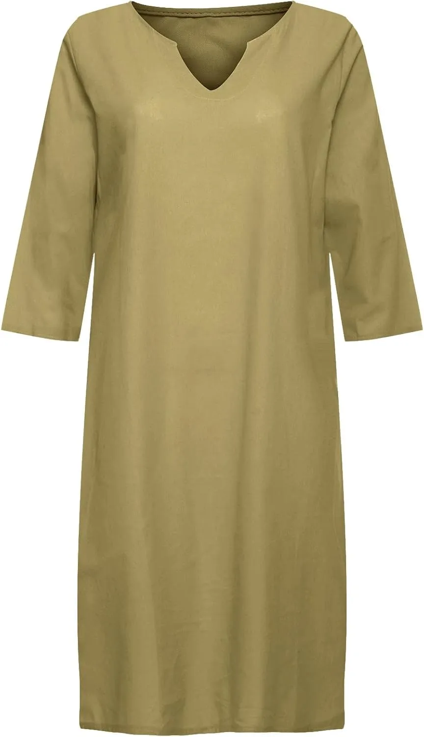 Womens Cotton Linen Butter Yellow Dress Summer Short Sleeve V Neck Comfy Travel Sundresses Beach Wear Vacation Clothes