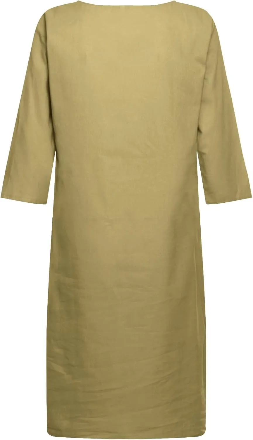 Womens Cotton Linen Butter Yellow Dress Summer Short Sleeve V Neck Comfy Travel Sundresses Beach Wear Vacation Clothes