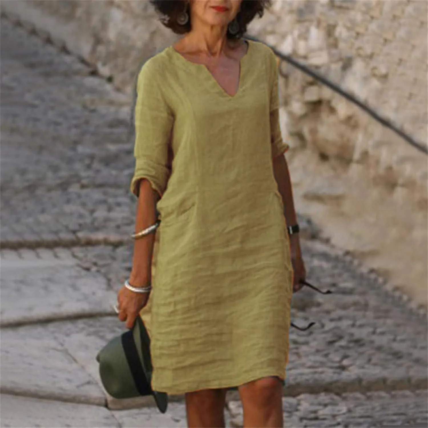 Womens Cotton Linen Butter Yellow Dress Summer Short Sleeve V Neck Comfy Travel Sundresses Beach Wear Vacation Clothes