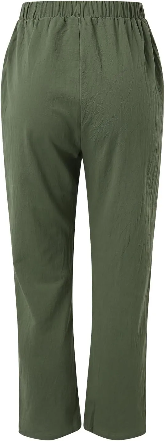 Womens Cotton Linen Summer Comfy Pants High Waist Wide Leg Slim-Fit Trousers Office