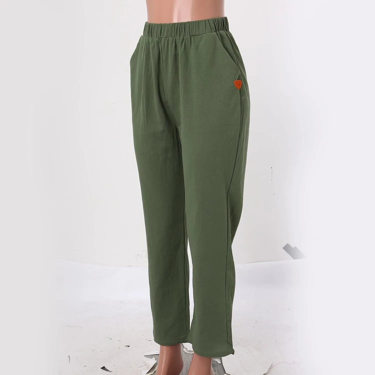 Womens Cotton Linen Summer Comfy Pants High Waist Wide Leg Slim-Fit Trousers Office