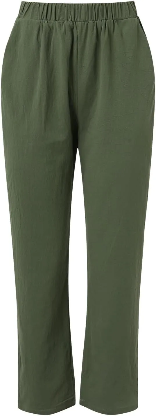 Womens Cotton Linen Summer Comfy Pants High Waist Wide Leg Slim-Fit Trousers Office
