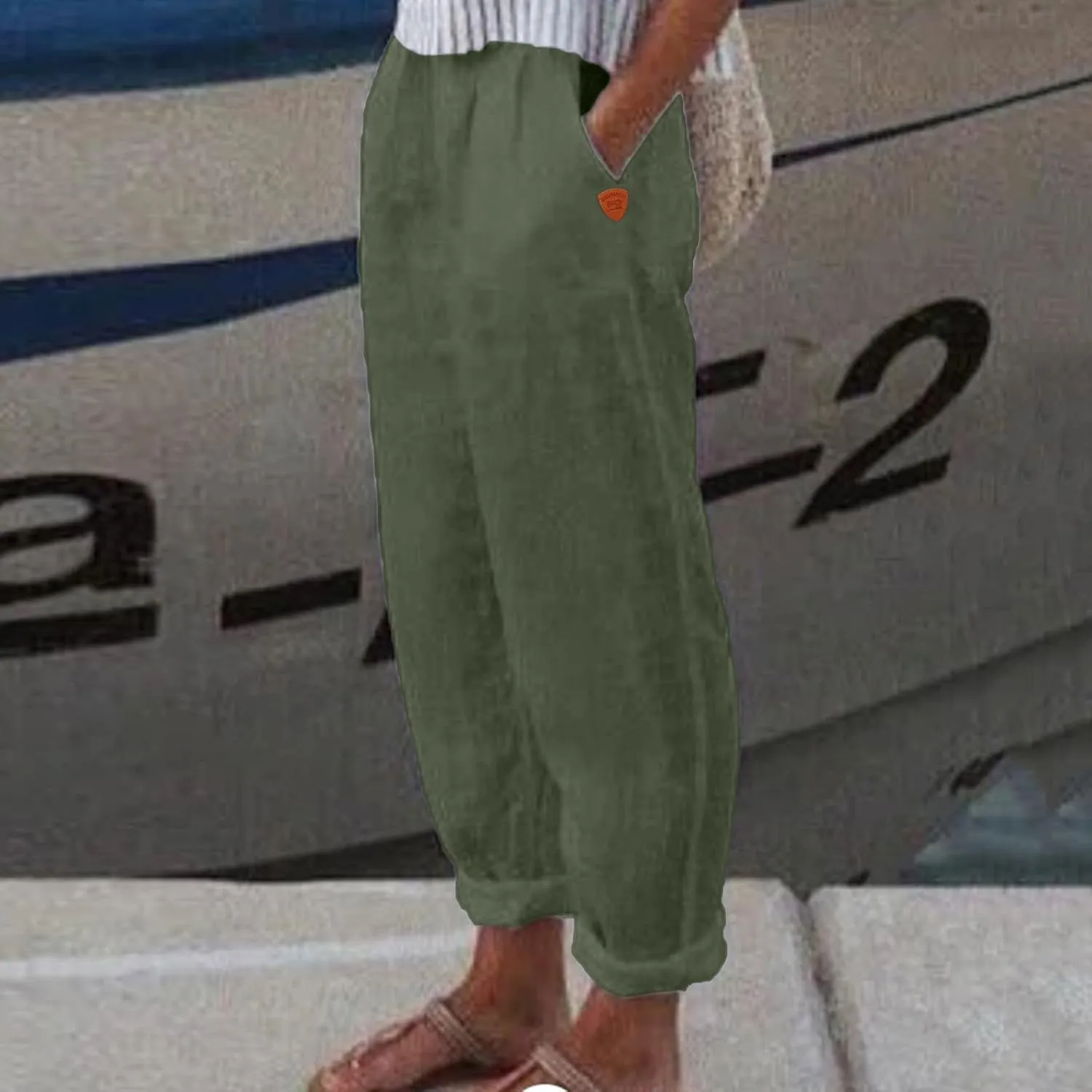 Womens Cotton Linen Summer Comfy Pants High Waist Wide Leg Slim-Fit Trousers Office