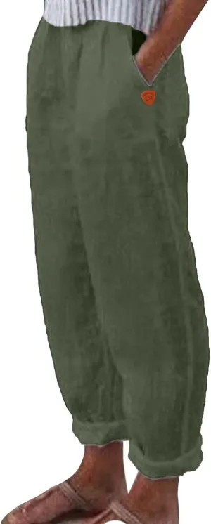 Womens Cotton Linen Summer Comfy Pants High Waist Wide Leg Slim-Fit Trousers Office