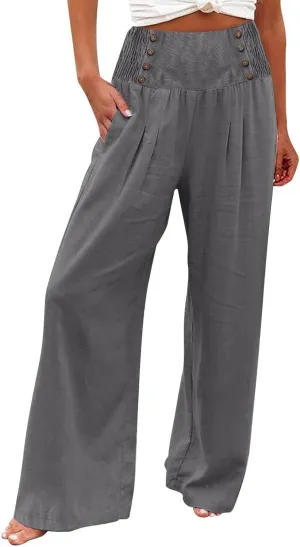 Womens Cotton Linen Summer Flowy Pants High Waist Wide Leg Slim Fit Palazzo Pants Travel