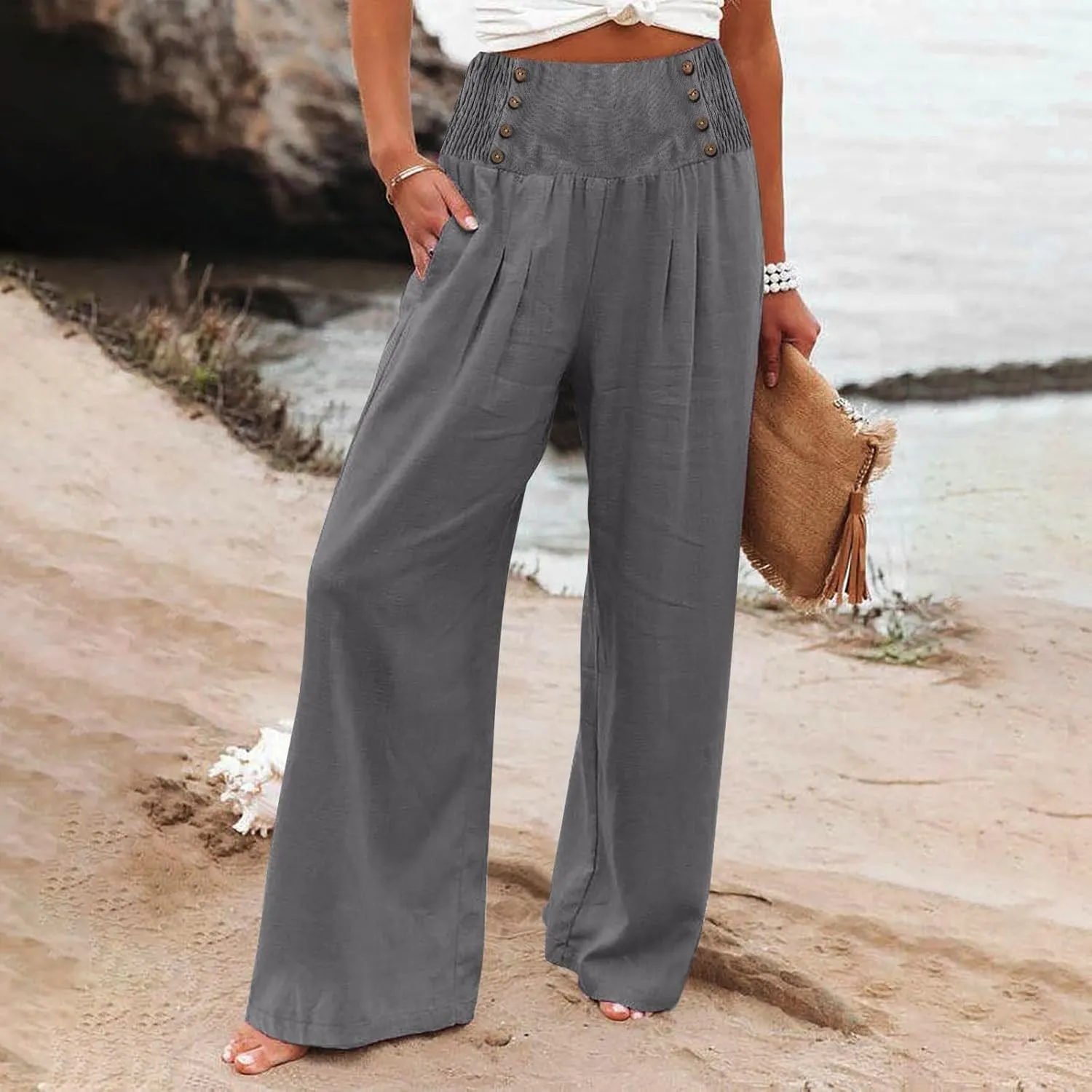 Womens Cotton Linen Summer Flowy Pants High Waist Wide Leg Slim Fit Palazzo Pants Travel