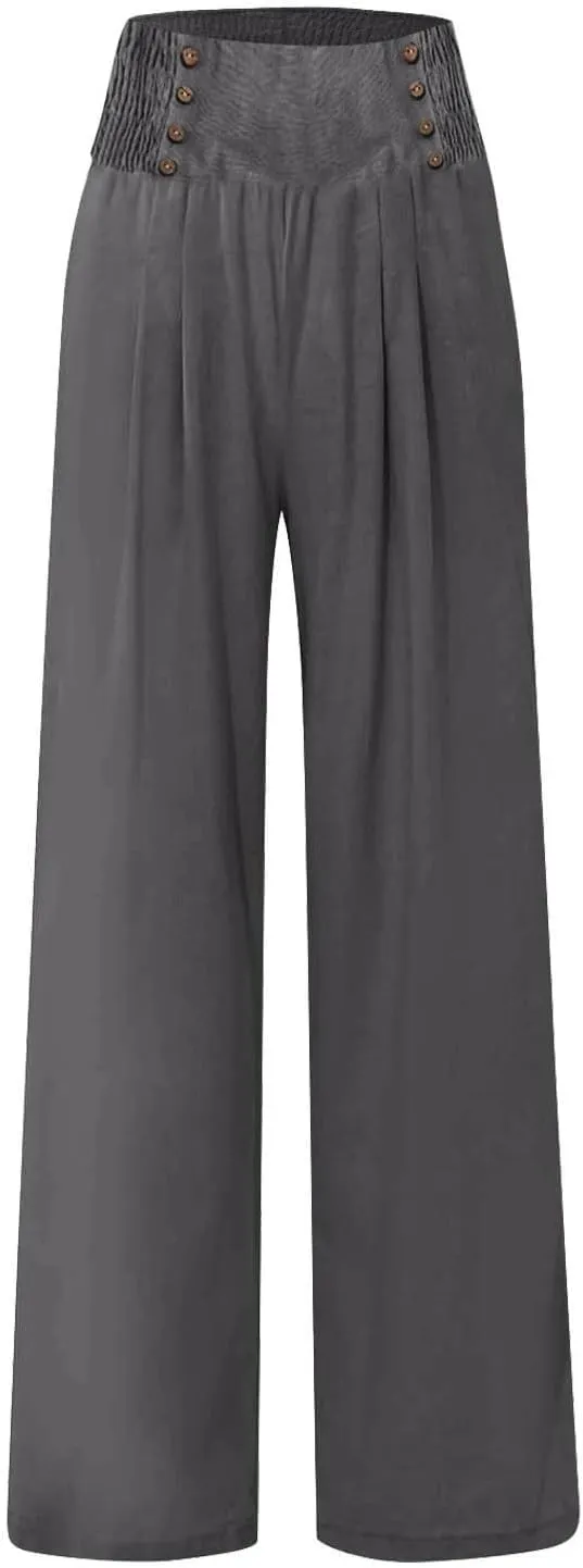 Womens Cotton Linen Summer Flowy Pants High Waist Wide Leg Slim Fit Palazzo Pants Travel
