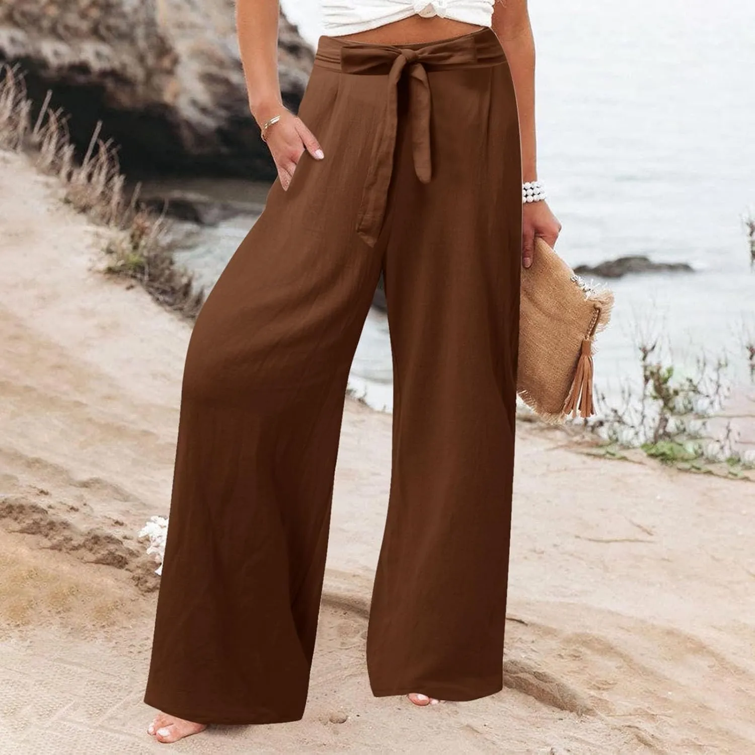 Women's Cotton Linen Summer Lightweigt Palazzo Pants Low Waist Wide Leg Loose Fit Pants Travel