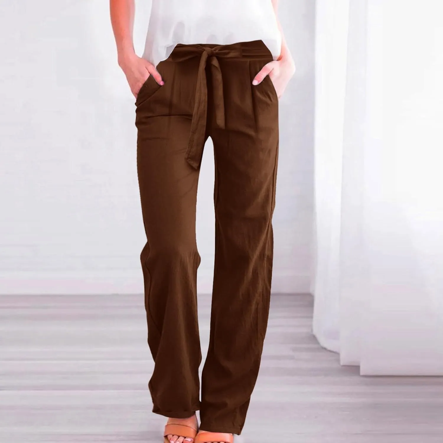 Women's Cotton Linen Summer Lightweigt Palazzo Pants Low Waist Wide Leg Loose Fit Pants Travel