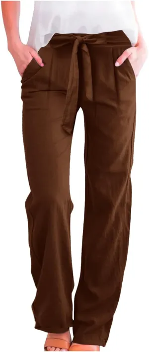 Women's Cotton Linen Summer Lightweigt Palazzo Pants Low Waist Wide Leg Loose Fit Pants Travel