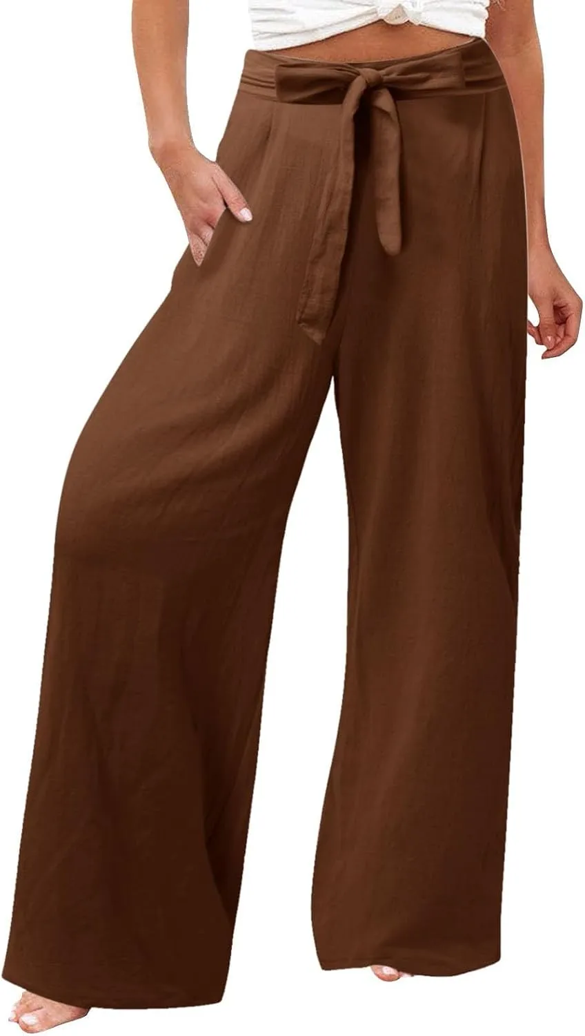 Women's Cotton Linen Summer Lightweigt Palazzo Pants Low Waist Wide Leg Loose Fit Pants Travel