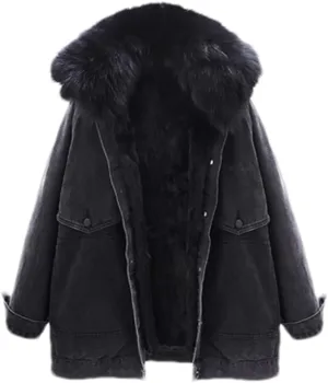 Women's Detachable Fur Collar Lined Denim Jacket Winter Loose Thickened Warm Denim Jacket