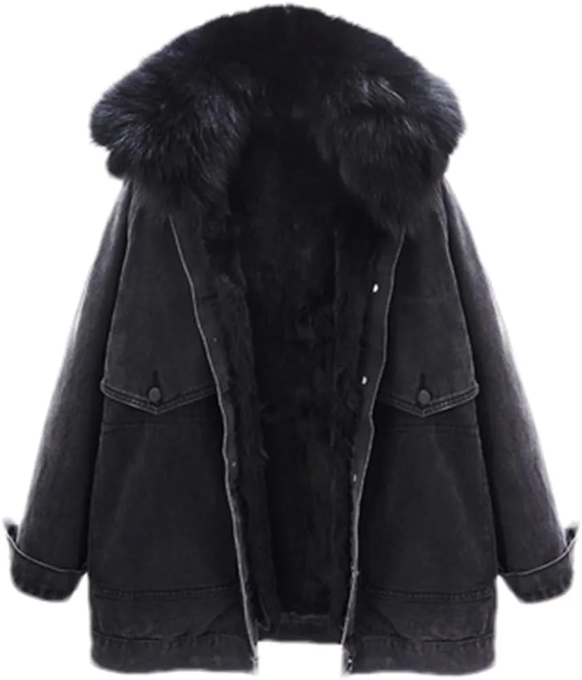 Women's Detachable Fur Collar Lined Denim Jacket Winter Loose Thickened Warm Denim Jacket
