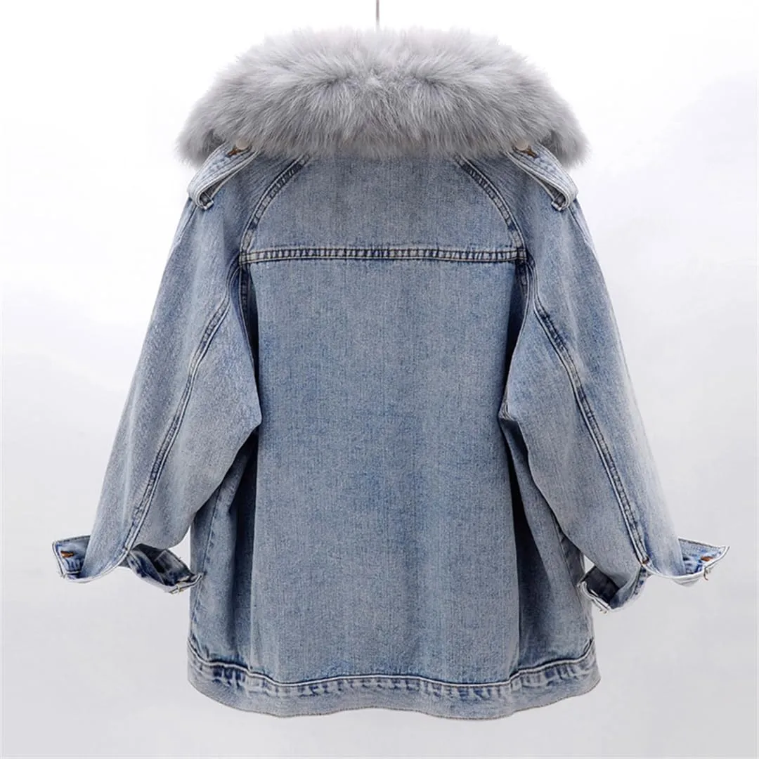 Women's Detachable Fur Collar Lined Denim Jacket Winter Loose Thickened Warm Denim Jacket