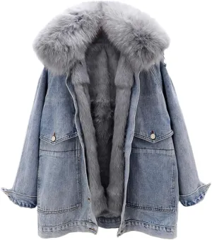 Women's Detachable Fur Collar Lined Denim Jacket Winter Loose Thickened Warm Denim Jacket