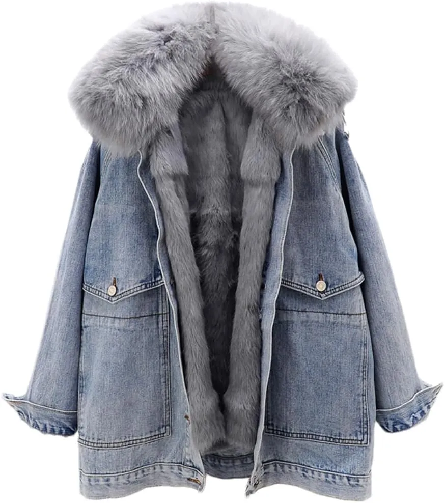 Women's Detachable Fur Collar Lined Denim Jacket Winter Loose Thickened Warm Denim Jacket
