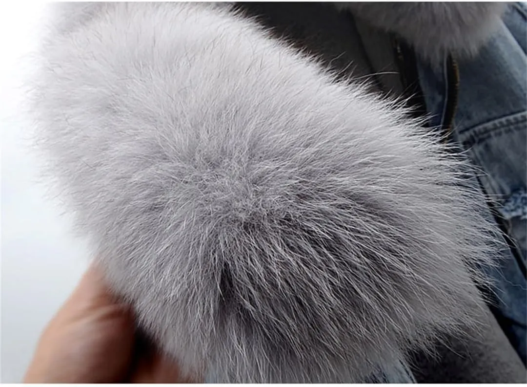 Women's Detachable Fur Collar Lined Denim Jacket Winter Loose Thickened Warm Denim Jacket