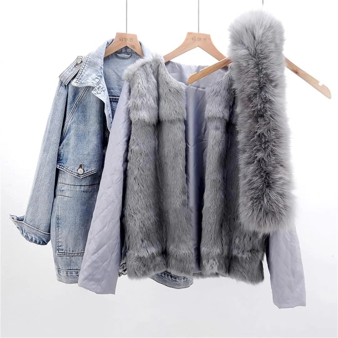 Women's Detachable Fur Collar Lined Denim Jacket Winter Loose Thickened Warm Denim Jacket
