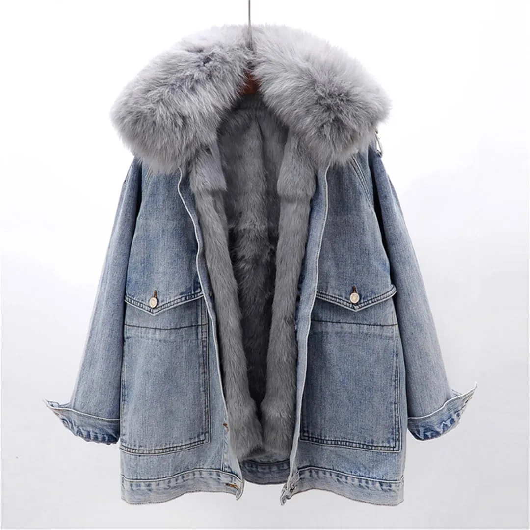 Women's Detachable Fur Collar Lined Denim Jacket Winter Loose Thickened Warm Denim Jacket