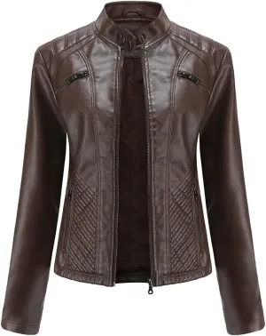 Women's Faux Leather Motorcycle Jacket PU Slim Short Biker Coat Fitted Slim Outwear with Zipper Pockets