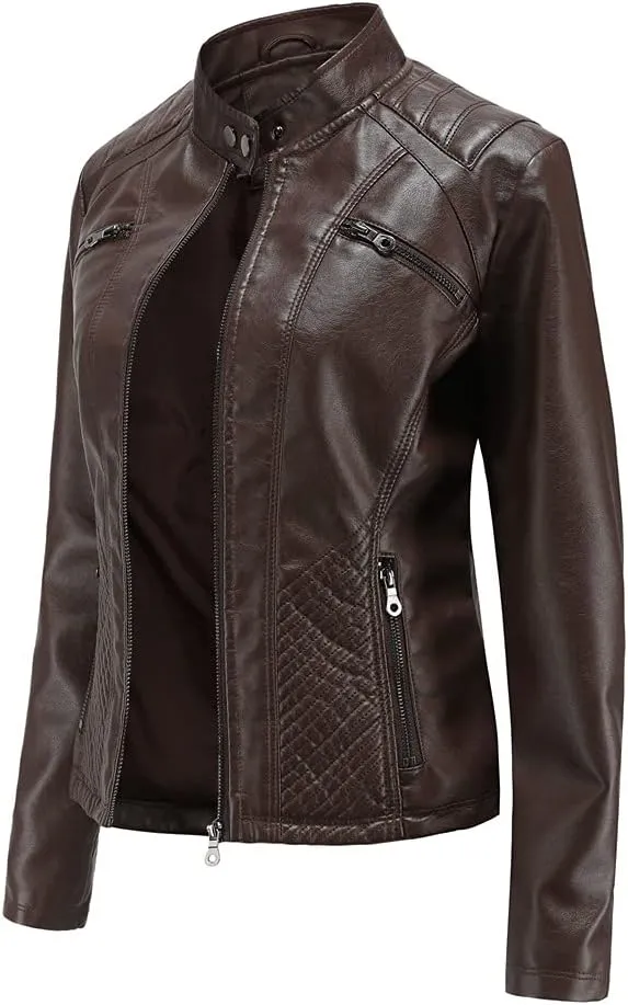 Women's Faux Leather Motorcycle Jacket PU Slim Short Biker Coat Fitted Slim Outwear with Zipper Pockets