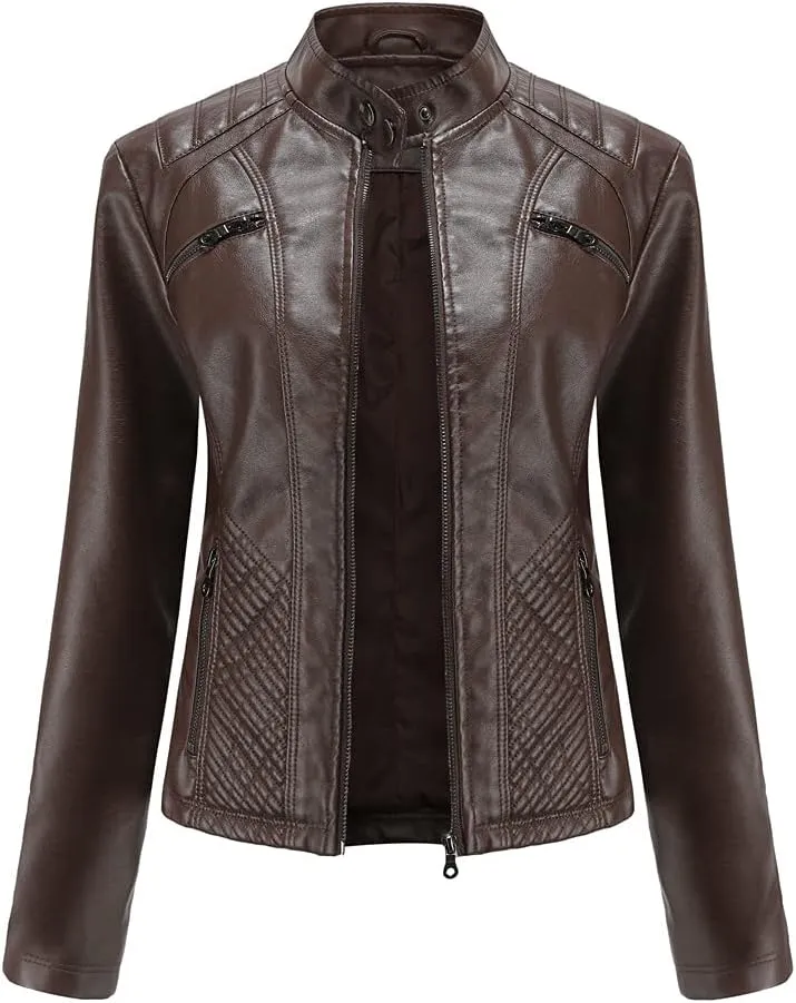 Women's Faux Leather Motorcycle Jacket PU Slim Short Biker Coat Fitted Slim Outwear with Zipper Pockets