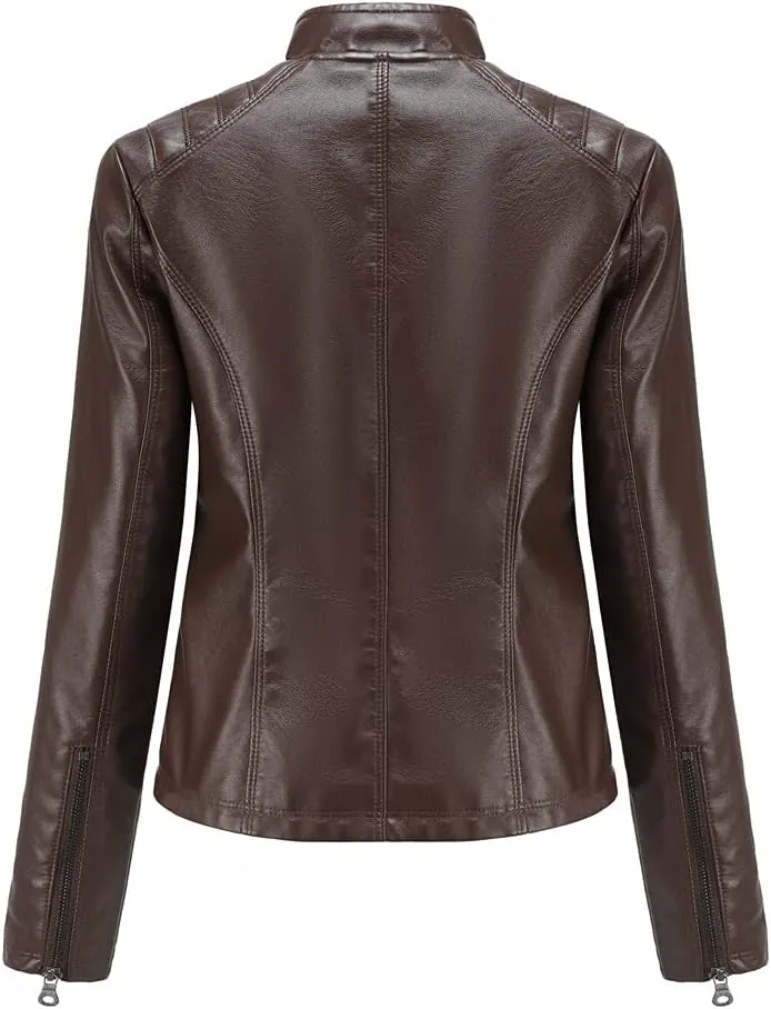 Women's Faux Leather Motorcycle Jacket PU Slim Short Biker Coat Fitted Slim Outwear with Zipper Pockets