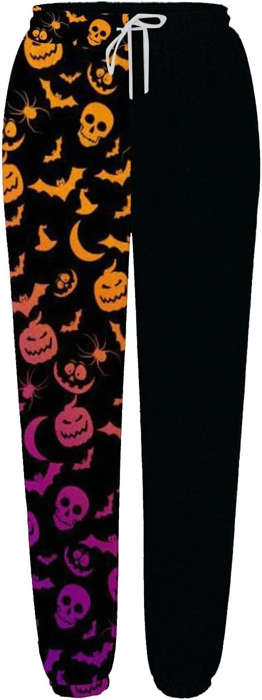 Womens Halloween Sweatpants Trendy Funny Print Drawstring Waist Wide Leg Pants Work Loose Pocket Lounge Joggers