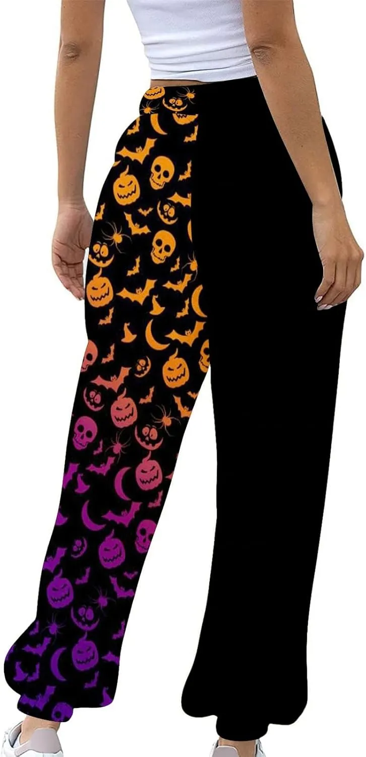 Womens Halloween Sweatpants Trendy Funny Print Drawstring Waist Wide Leg Pants Work Loose Pocket Lounge Joggers
