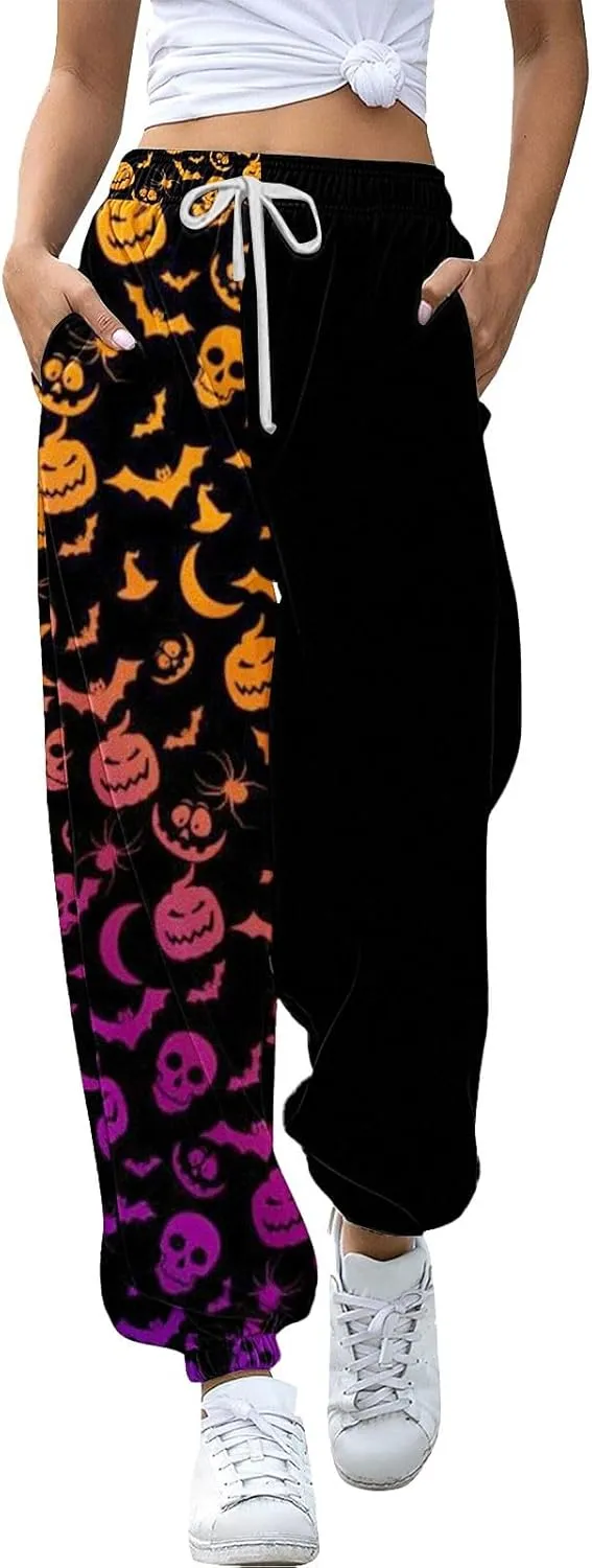 Womens Halloween Sweatpants Trendy Funny Print Drawstring Waist Wide Leg Pants Work Loose Pocket Lounge Joggers