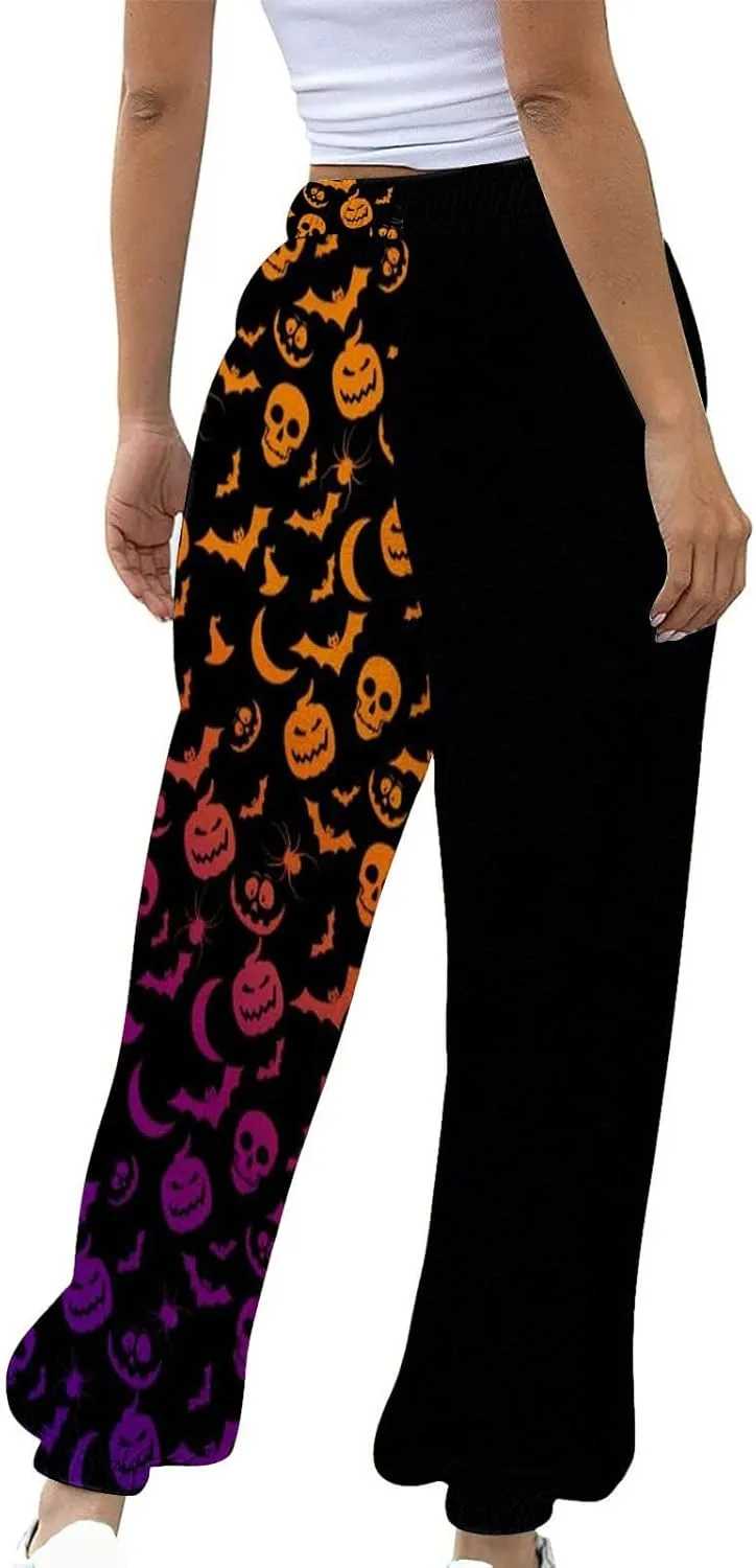 Womens Halloween Sweatpants Trendy Funny Print Drawstring Waist Wide Leg Pants Work Loose Pocket Lounge Joggers