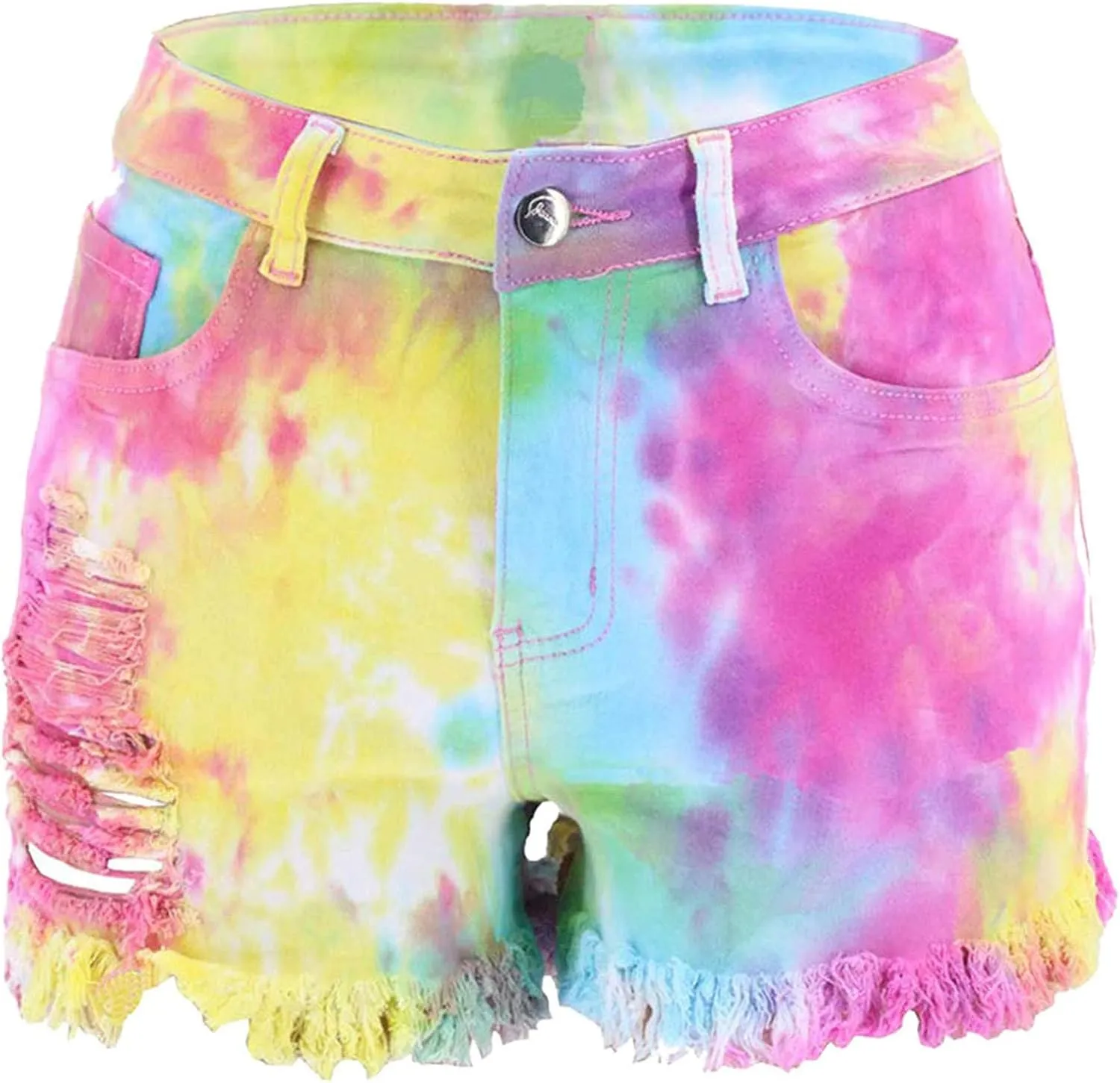 Womens Jean Shorts Tie-dye Distressed Denim Tassel Dressy Mid-High Waisted Cropped Summer Trendy with Pockets Party