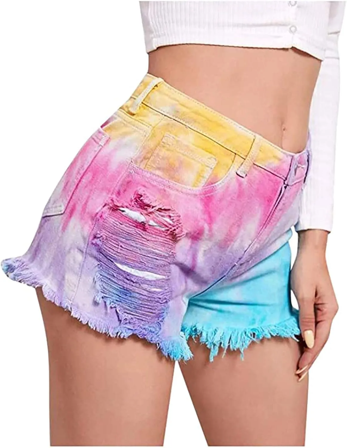 Womens Jean Shorts Tie-dye Distressed Denim Tassel Dressy Mid-High Waisted Cropped Summer Trendy with Pockets Party