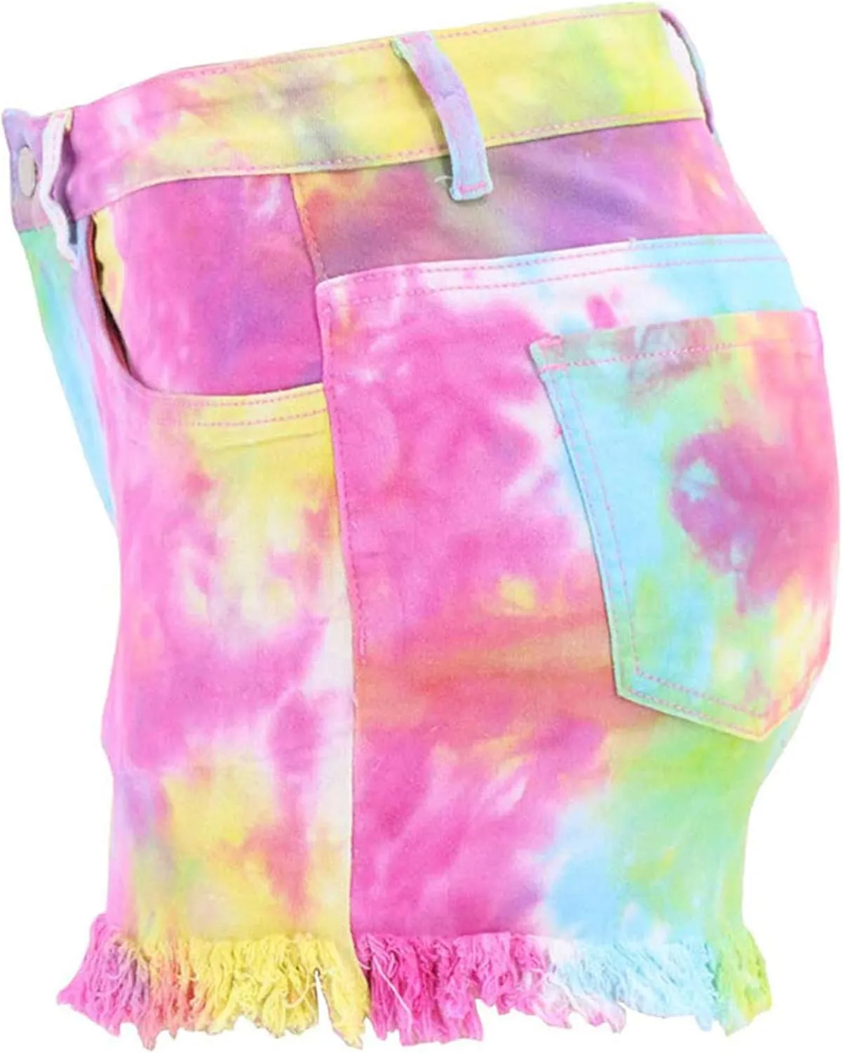 Womens Jean Shorts Tie-dye Distressed Denim Tassel Dressy Mid-High Waisted Cropped Summer Trendy with Pockets Party