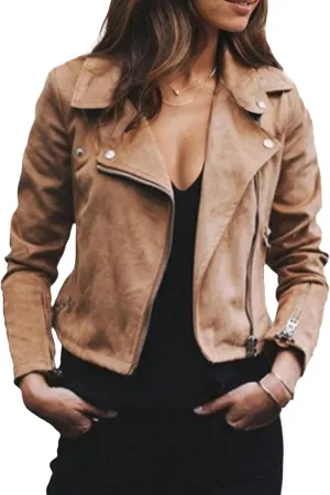 Women's Lightweight Suede Motorcycle Jacket Casual Asymmetrical Zip-up Cropped Faux Leather Fitted Coats Outerwear