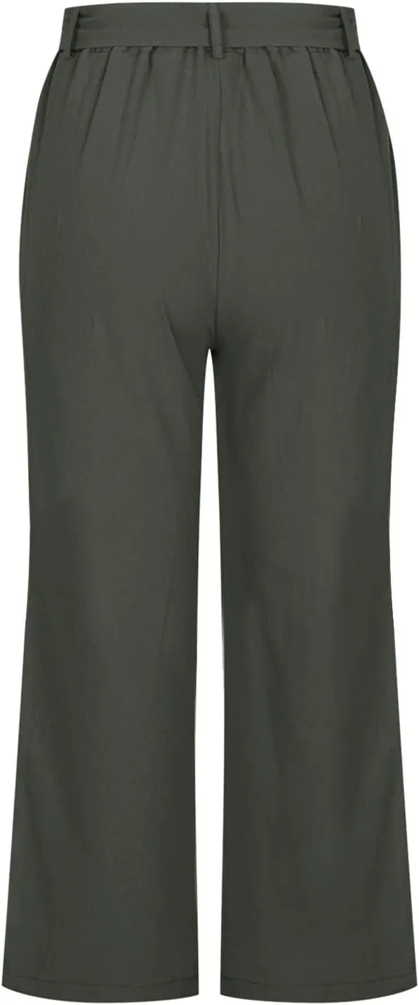 Women's Linen Blend Summer Casual Pants Elastic Waist Bootcut Slim Fit Palazzo Lounge Pants Trendy