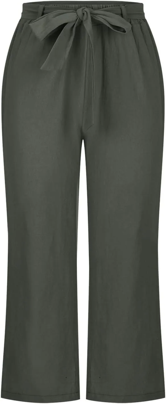 Women's Linen Blend Summer Casual Pants Elastic Waist Bootcut Slim Fit Palazzo Lounge Pants Trendy
