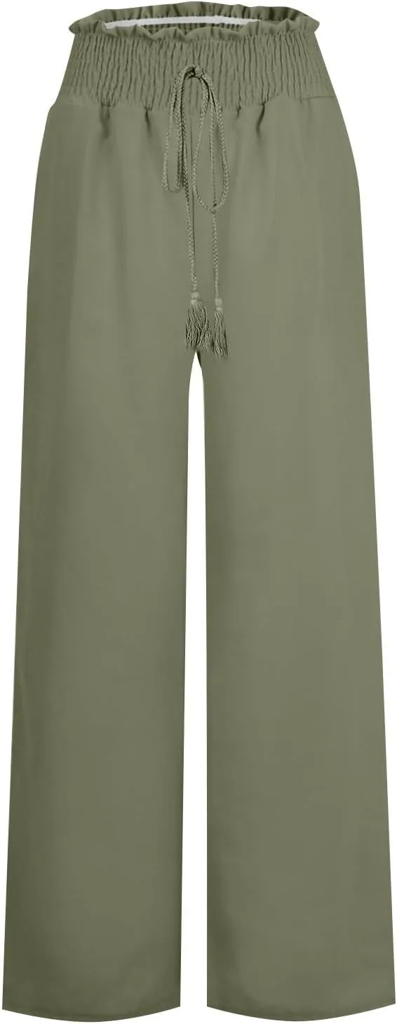 Womens Linen Blend Summer Floral Palazzo Pants Elastic Waisted Stretchy Loose Fit Pant Trousers Vacation
