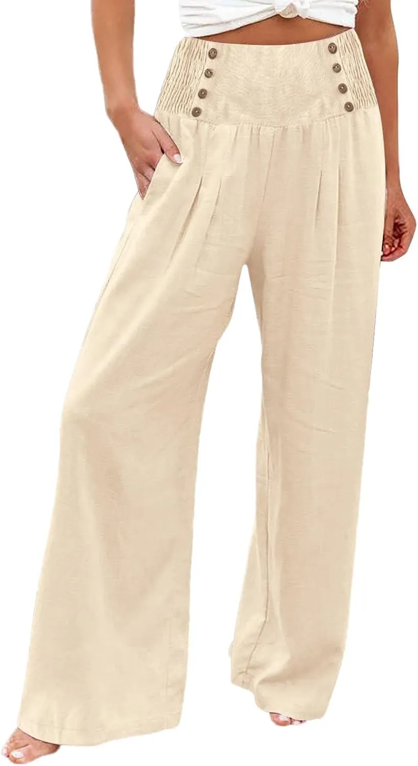 Women's Linen Blend Summer Flowy Pant Trousers Low Waist Ankle Length Loose Fit Trousers Vacation
