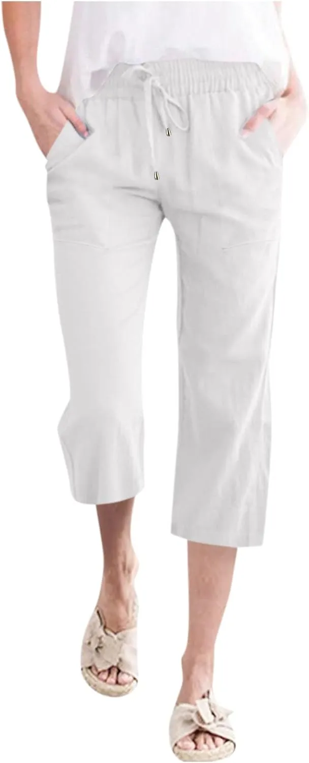 Womens Linen Capri Pants 2024 Summer Casual High Waist Drawstring Elastic Loose Soft Pockets Wide Leg Cropped Trousers, 3X-Large, Style A-white