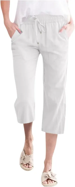 Womens Linen Capri Pants 2024 Summer Casual High Waist Drawstring Elastic Loose Soft Pockets Wide Leg Cropped Trousers, 3X-Large, Style A-white
