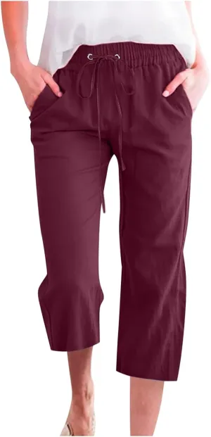 Womens Linen Capri Pants 2024 Summer Casual High Waist Drawstring Elastic Loose Soft Pockets Wide Leg Cropped Trousers, Small, Style A-wine