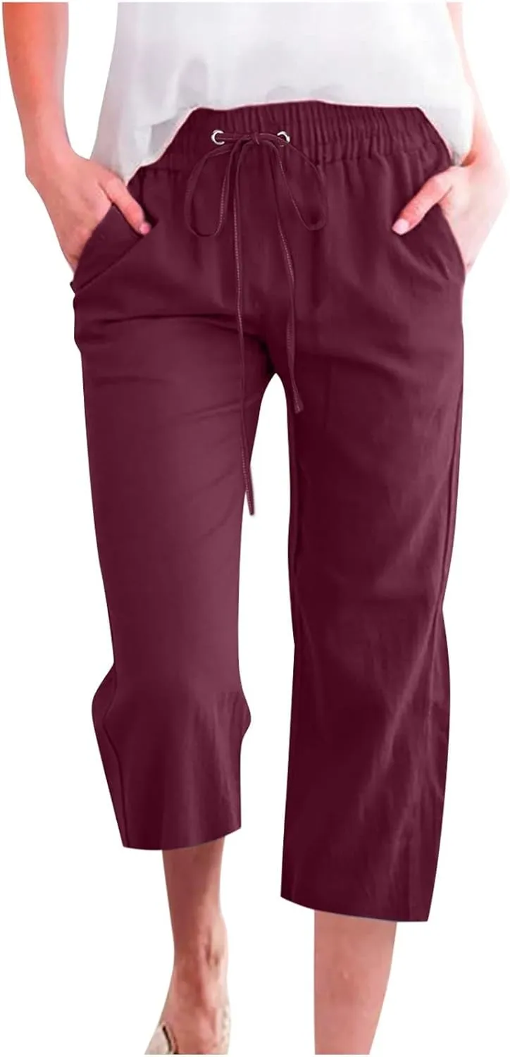 Womens Linen Capri Pants 2024 Summer Casual High Waist Drawstring Elastic Loose Soft Pockets Wide Leg Cropped Trousers, Small, Style A-wine