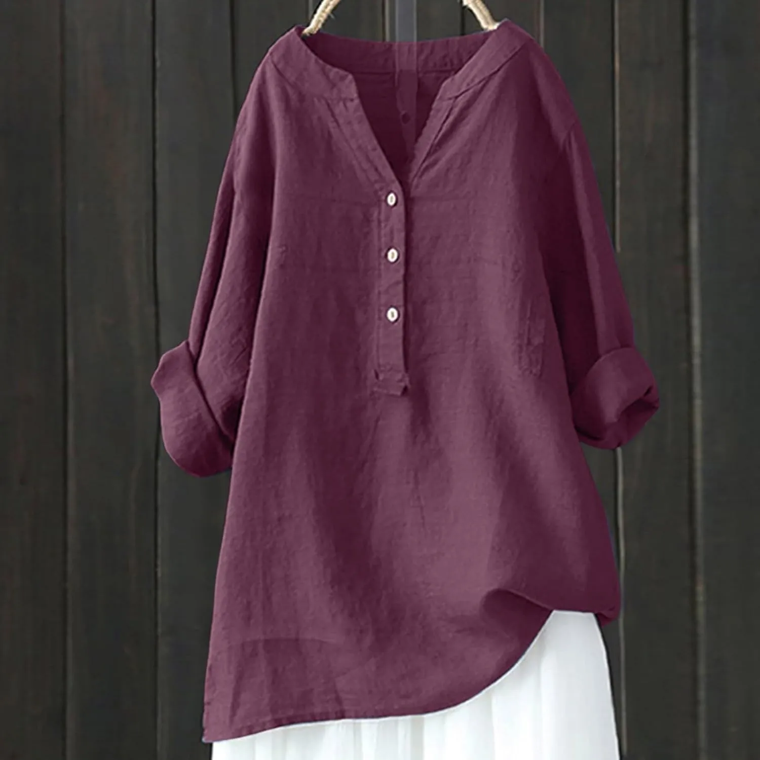 Womens Linen Shirts Summer Linen Bohemian Long Sleeve T-Shirts Casual Plus Size Lightweight Round Neck Tshirts