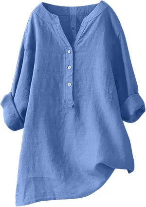 Womens Linen Shirts Summer Linen Bohemian Long Sleeve T-Shirts Casual Plus Size Lightweight Round Neck Tshirts
