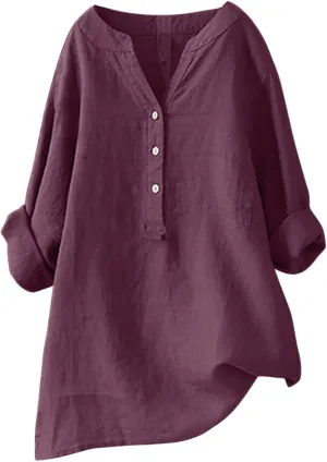 Womens Linen Shirts Summer Linen Bohemian Long Sleeve T-Shirts Casual Plus Size Lightweight Round Neck Tshirts