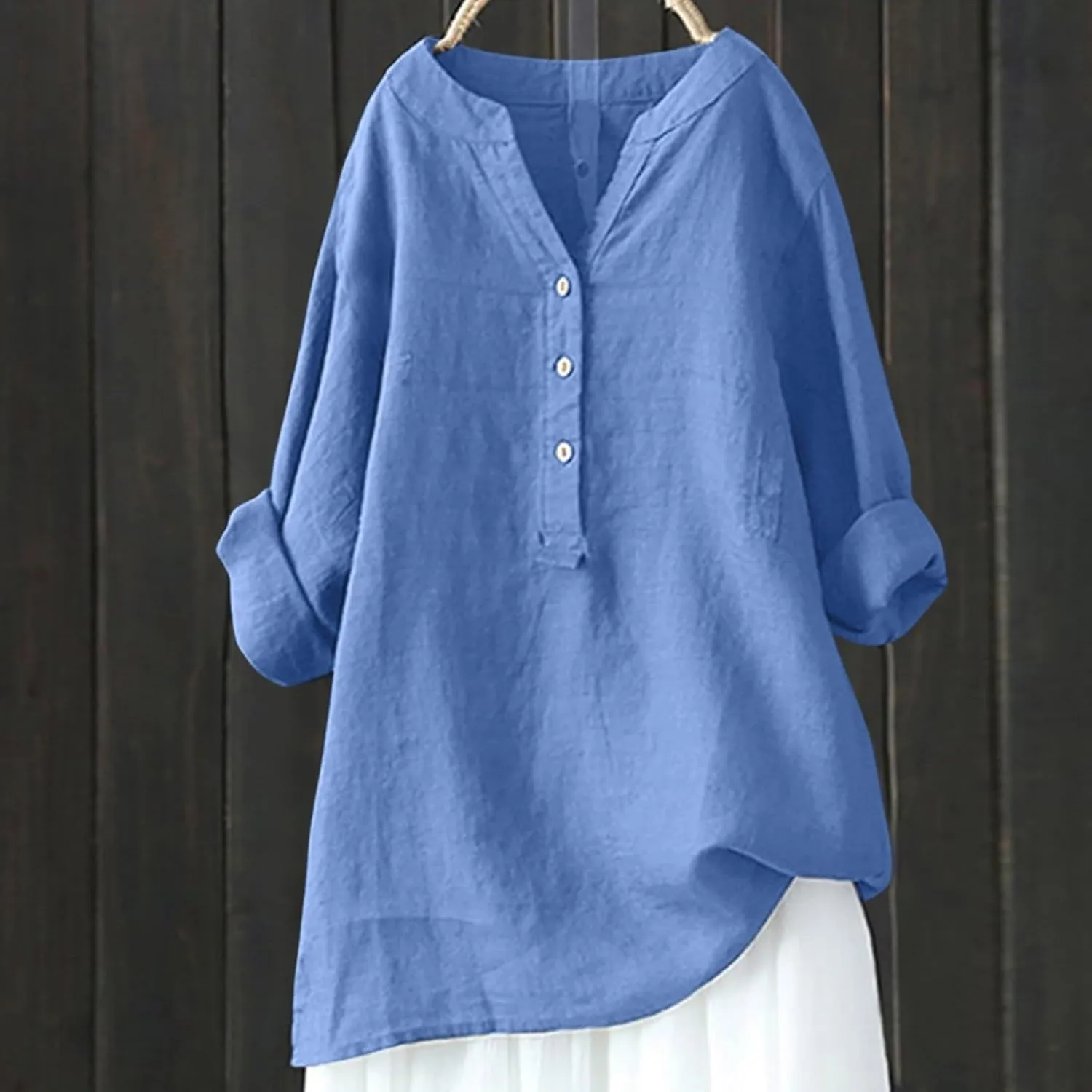 Womens Linen Shirts Summer Linen Bohemian Long Sleeve T-Shirts Casual Plus Size Lightweight Round Neck Tshirts